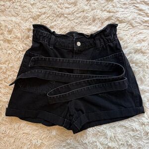 ZARA Black Paperbag Waist Cotton Denim Shorts Belted Size US 6